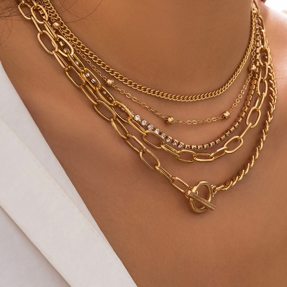 Gold 5pcs Layered Rhinestone Chain Collarbone‎ Necklaces Set - Picture 3 of 4